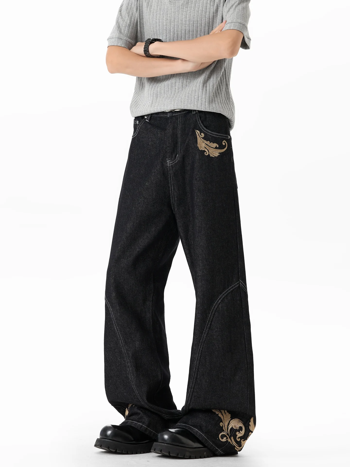 

Retro American A-Line Original Denim Embroidered Jeans Men's High Street Deconstructed Washed Straight Loose Match Micro Flar...