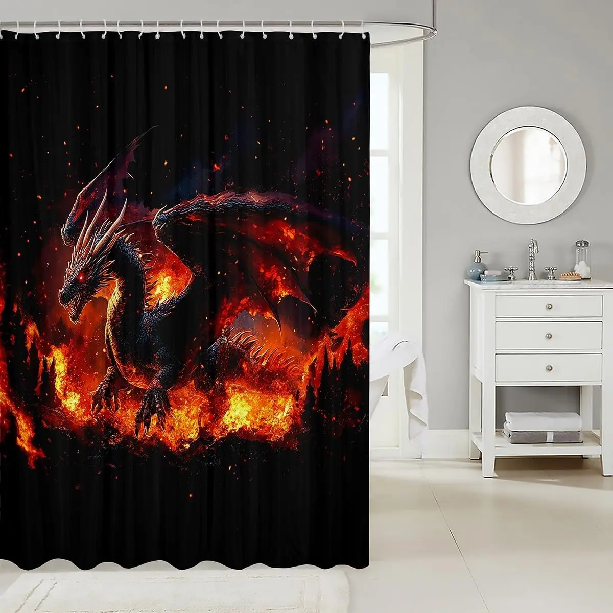 Waterproof Shower Curtain  Epic Dragon Fire Mythical Fantasy Gothic Bathroom Decor Shower Curtain Panel  Decoration