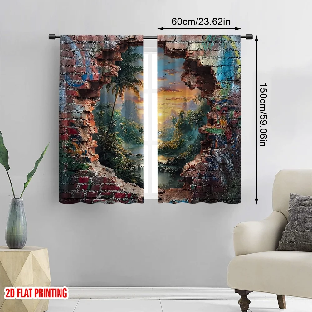 2pcs 2D flat printing Party Curtain Tropical Sunset Through Broken Brick Wall Digital Printed Polyester Drapes Family Party
