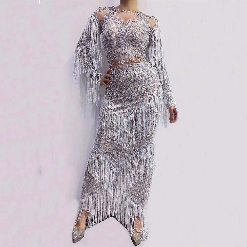 Tassel Rhinestones Silver Split Fork Dresses Stage Wear Long Sleeve Party Evening Costume Women's Party Performance Clothing