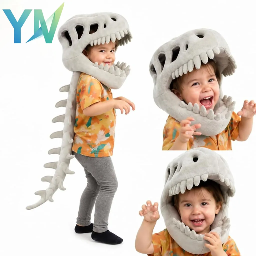 Dinosaur Bone Plush Costume Hooded Mask for Cosplay Performance Animal Skeleton Outfit Fancy Dress Party Role Play for Kids