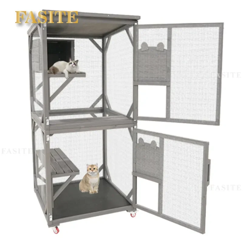 For Solid Wood Cat Cage Luxury Double Layer Villa Waterproof Indoor Kitten House Four Seasons Universal Pet Nest Furniture