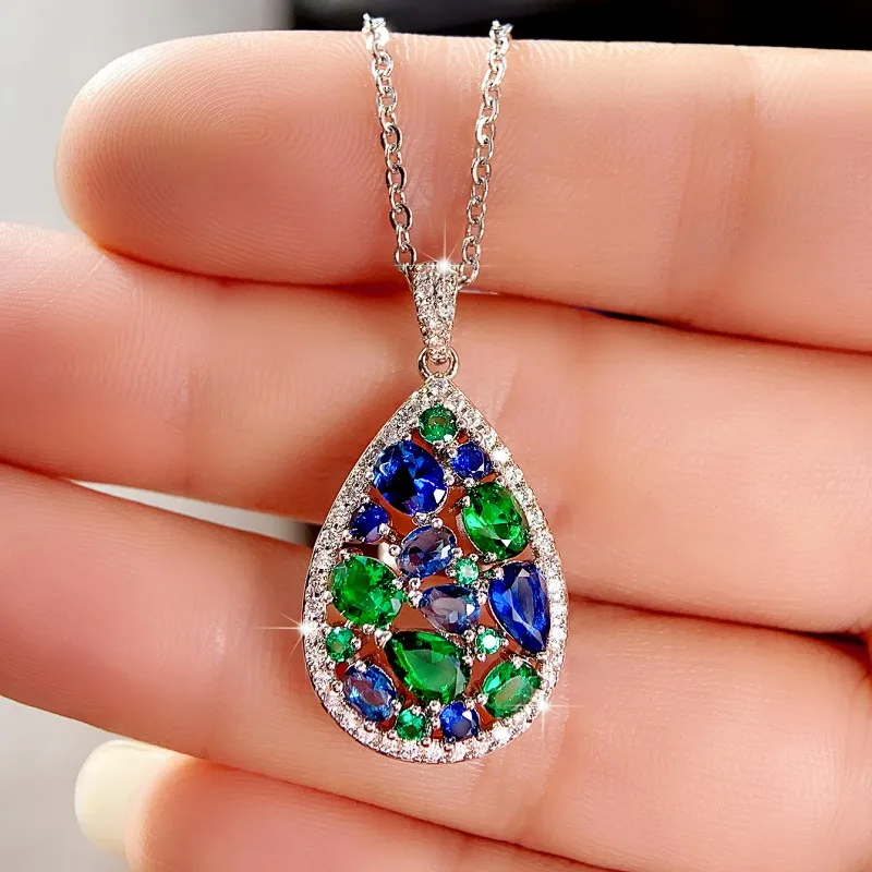 Huitan Luxury Geometric Green/Blue Cubic Zirconia Necklace for Women Silver Color Chain New Fashion Women Wedding Trend Jewelry