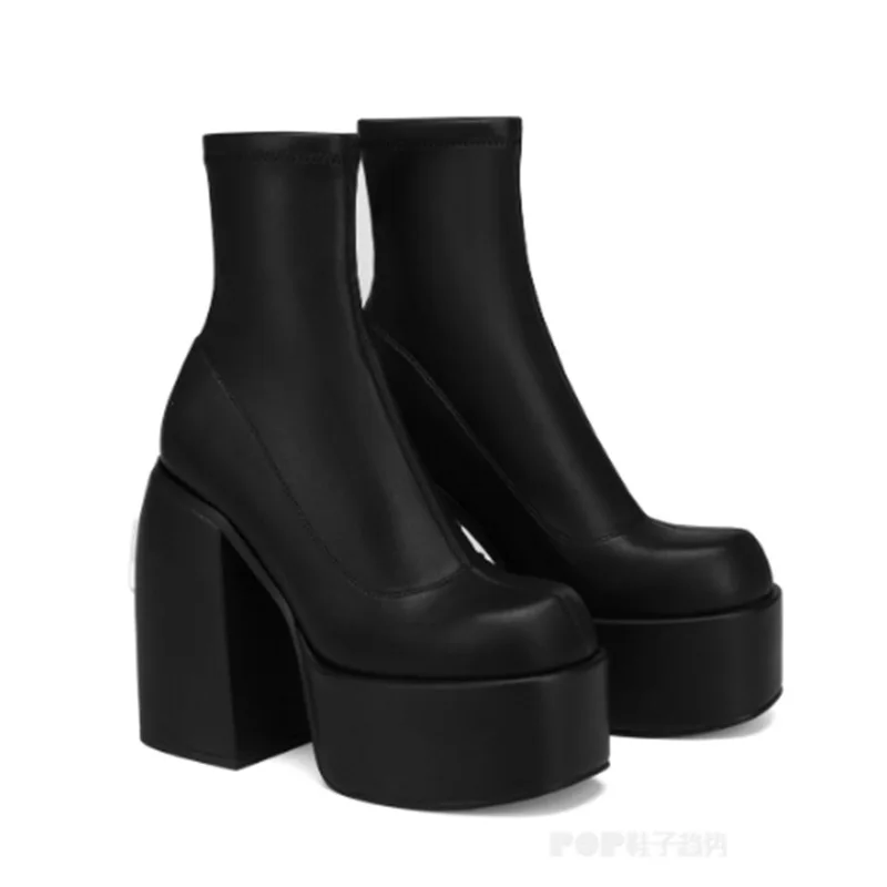 

Square Toe Thick Heel Platform Elastic Slim Boots Large Size Patent Leather Catwalk Short Botines Slip-On Women Botas Femininas