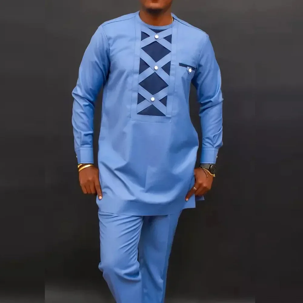 

LIBIELIY Four Seasons New Fashion Men's 2 Piece Sets Afirican Syle Ethinic Casual Blue Plaid Clothes And Pants Trendy Muslim Men