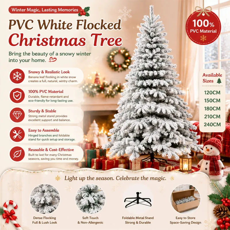 

PVC White Flocked Christmas Tree with Foldable Metal Stand Snowy Realistic Pine Xmas Tree Easy Assemble Home Holiday Decor