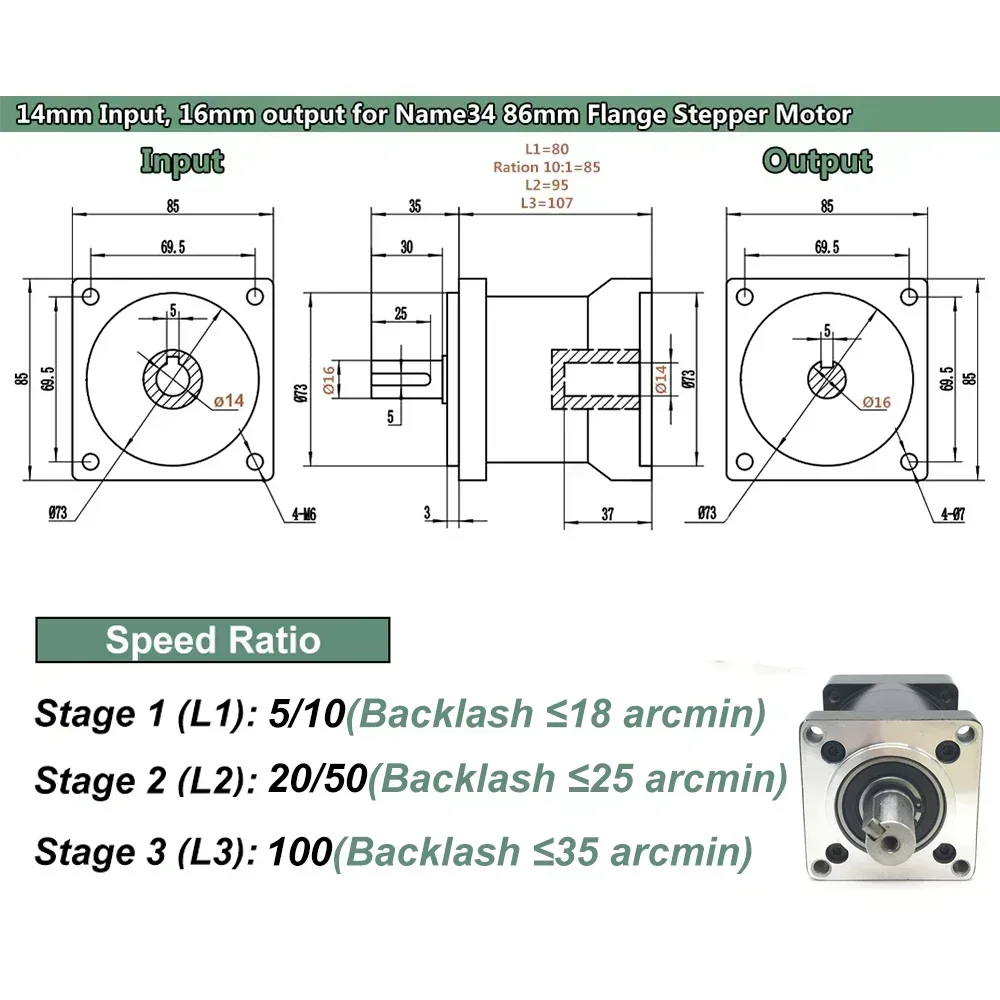 YUN DUAN Nema34 Planetary Gearbox Motor Reducer Step-down Gearbox 14mm Input Ratio 5:1/10:1/50:1/100:1 for 86 Stepper Motor