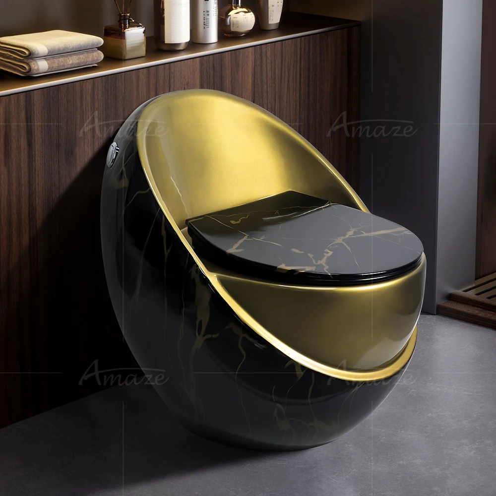 

Modern Bathroom Sanitary Ware Inodoro WC Ceramic One Piece Water Closet Black Gold Marble Egg Shape Toilet Bowl