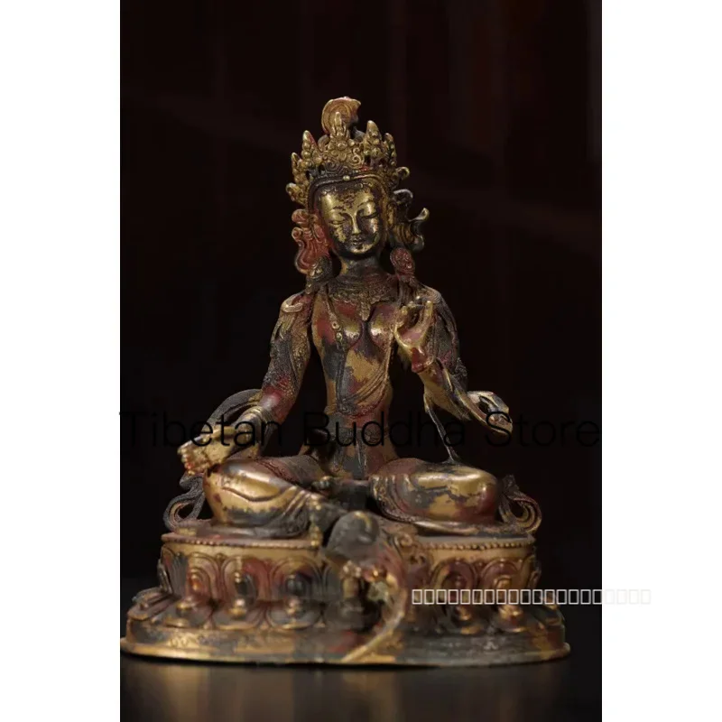 

22cm Nepalese Tibetan brass clay gold cinnabar painted Guanyin Bodhisattva green Tara seated ornament