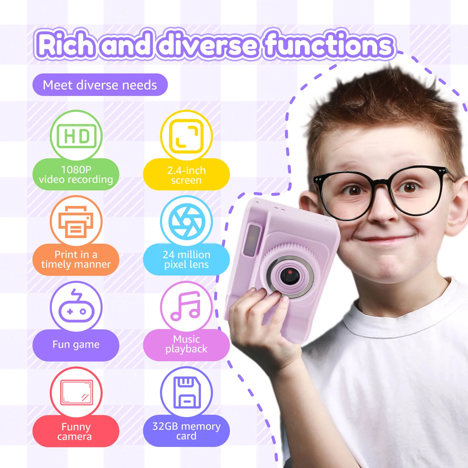 Caméra à impression instantanée pour enfants, avec papier d'impression et carte 32G, vidéo HD 1080P, cadeaux d'anniversaire à impression instantanée pour filles