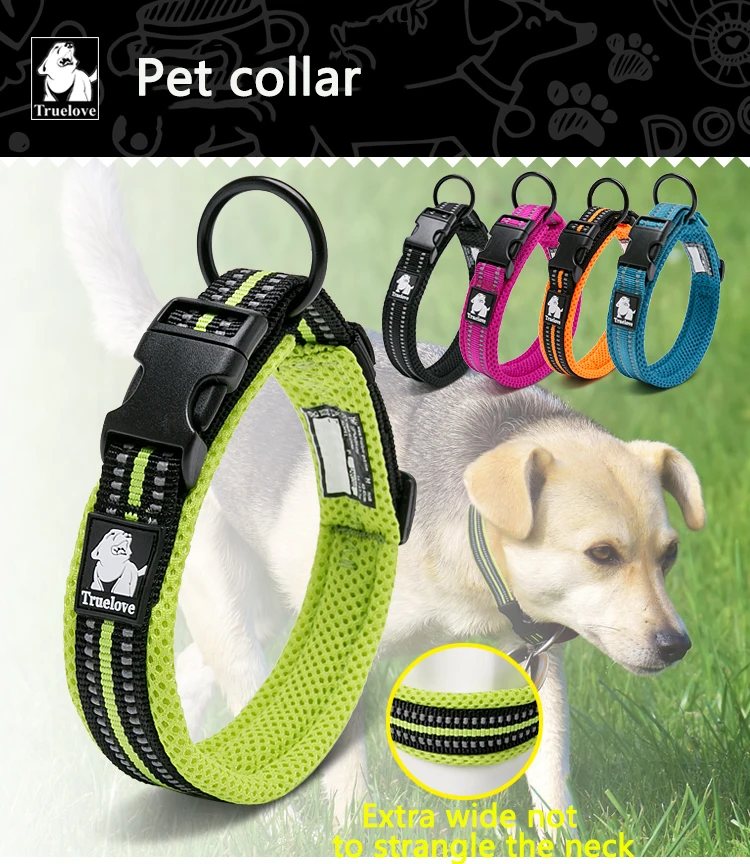 Truelove Adjustable Mesh Padded Pet Collar Bright Reflective Nylon Dog Collar Durable Heavy Duty for All Breed Weather TLC5011