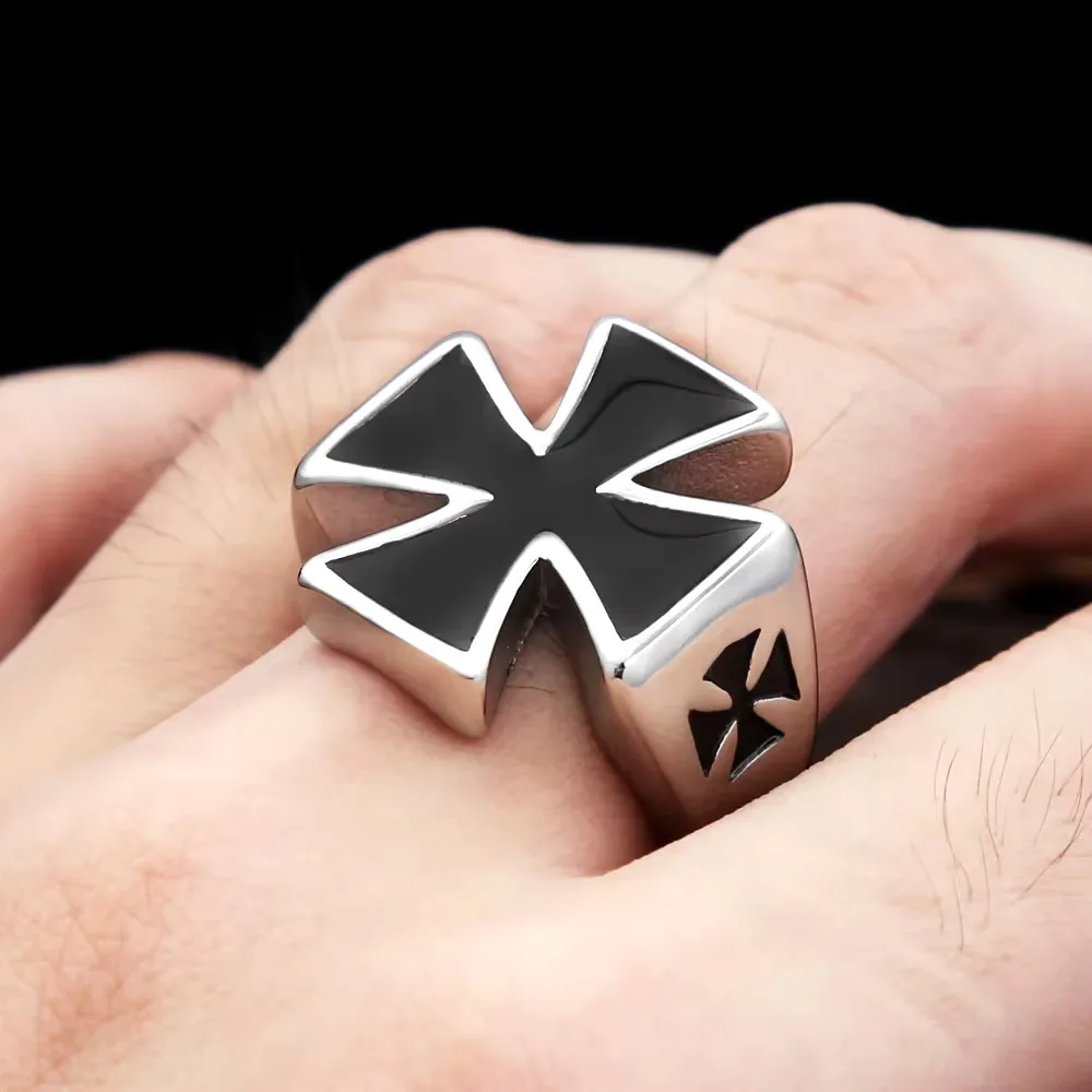 Black Enamel Templar Iron Cross Stainless Steel Ring Armor Shield Biker Punk Hip Hop Fashion Jewelry Party Gift For Men Women