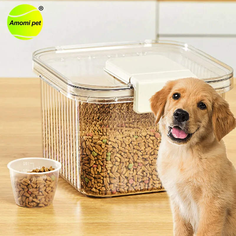 Dog Cat Food Pail Plastic Storage Tank Pet Food Container Moisture-proof Sealed Jar with Measuring Cup Pet Supplies Accessories