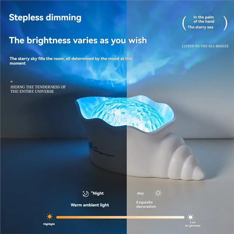 ABJN-Conch Shape Sea Wave Projection Atmosphere Lamp Soft Dimmable White Noise Sleep Sound Machine Ocean Light Night Lamp 5