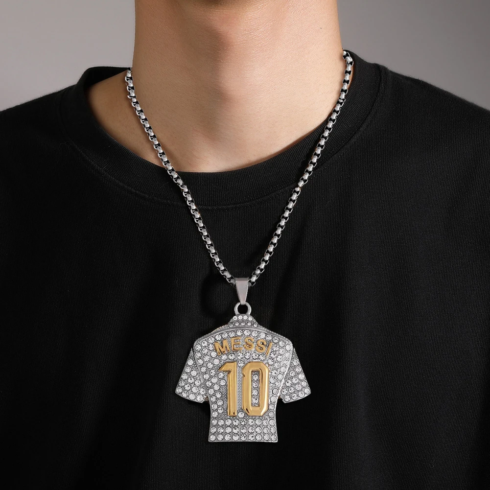 Full Zircon Pendant Necklace Hip Hop Cool Messi 10 Super Soccer Star Fans Stainless Steel Clavicle Charming Jewelry Men Necklace