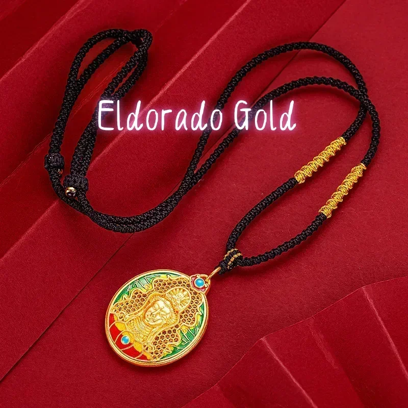 Eldorado Gold  9999 Real Gold 24K Ancient Method Burnt Blue Guanyin Pendant, Enamel Color Male and Female Natal Buddha Pendant N