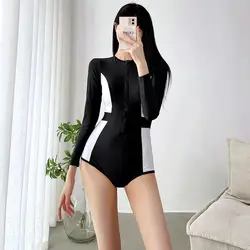 Korean Swimwear New Women's Slimming Sun Protection Long-sleeved Conservative Hot Spring One-piece Swimsuit Surfing Swimsuit