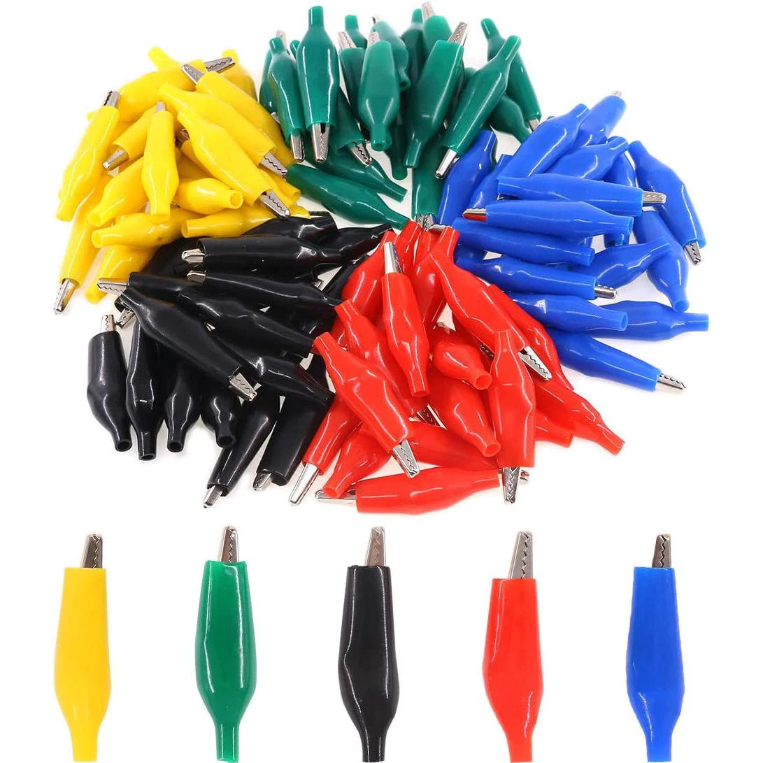 100Pcs 1.1''/28mm Alligator Clips Crocodile Electrical Test Clamps Jumper Helper with Black/Red/Yellow/Blue/Green Protective