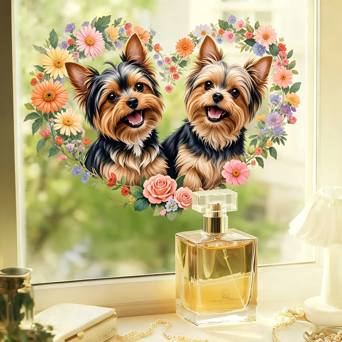 1pc Yorkshire Terrier Dog Heart Wreath Wall and Window Sticker, Self-Adhesive, Suitable for Windows, Doors, Bedroom, Living Room
