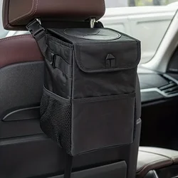 Car Trash Can With Lid And Storage Pockets,100% Leak-Proof Car Organizer, Waterproof Garbage Can, Multipurpose Trash Bin For Car
