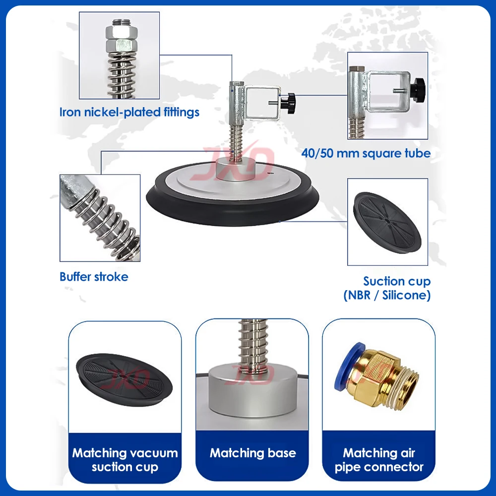 JXD Industrial Heavy-duty 230/300mm Square Tube Fixture Vacuum Suction Cup & Lifter for Loading Machine, Glass and Steel Plates