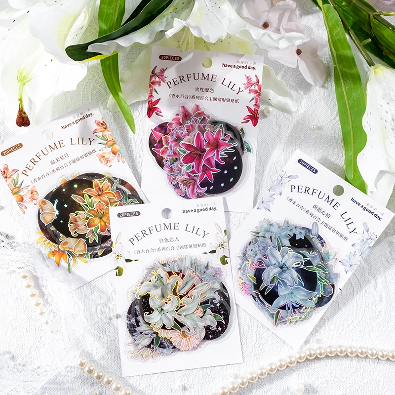 20 pieces PET Stickers perfume lily series literary flowers laser silver multi-color handbook material stickers 4 sections