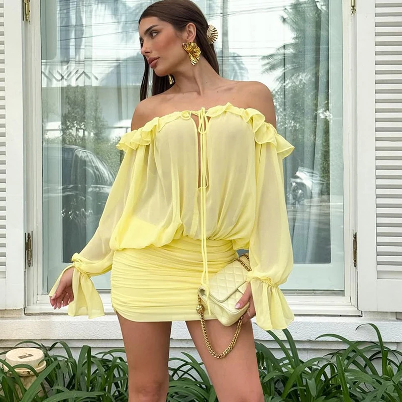 

Tornova One Shoulder Ruched Mini Dress Female Hollow Mesh Splice Sexy Dress Long Sleeve Slim High Waist Female Party Dress 2025