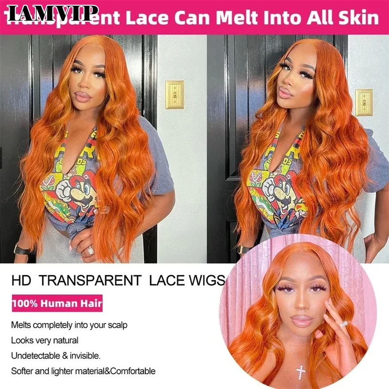 250% Body Wave 13x6 HD Lace Front Wig 100% Human Hair Ginger Orange Brazilian Remy Colored Pre Plucked 13x4 Lace Frontal Wigs