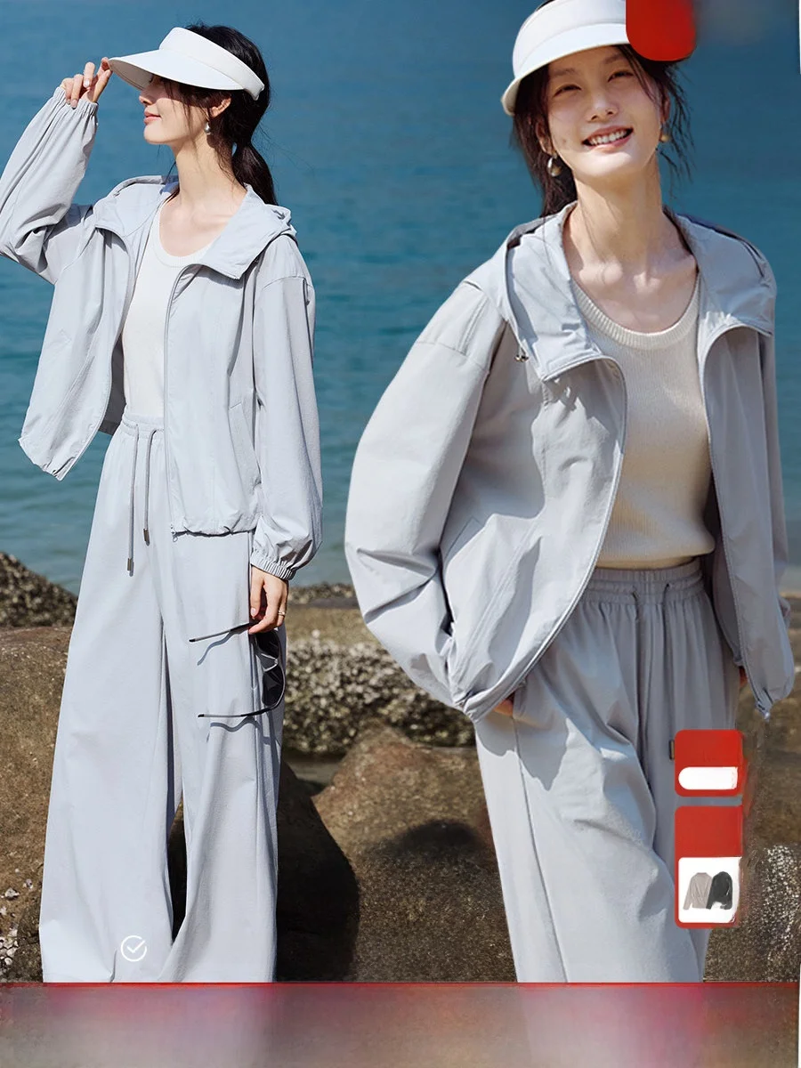 

XWI UPF40 Outdoor Sports Set Women's Spring Hat Jacket Straight Leg Pants Two-Piece Set Long Sleeve Summer Spring Fashion