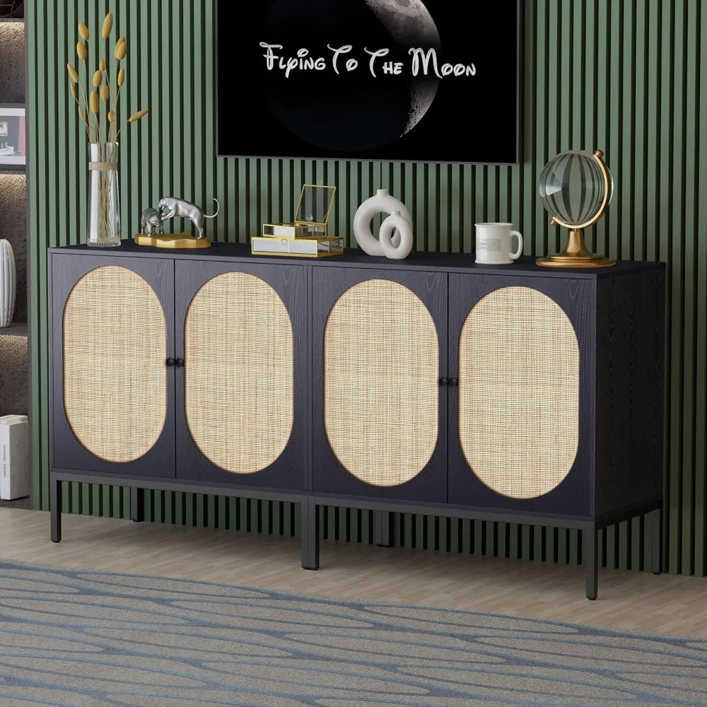 

Set of 2 Sideboard Cabinet with Natural Rattan Hand-Woven Doors, 63" W Large Rattan Cabinet, Cane Accent Buffet Console Storage