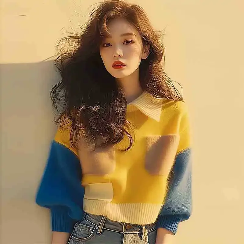 2024 New Yellow Angora Color Block Sweater Knitted Top Women's Niche Design Sensibility Top Korean Style Initial Autumn Wear