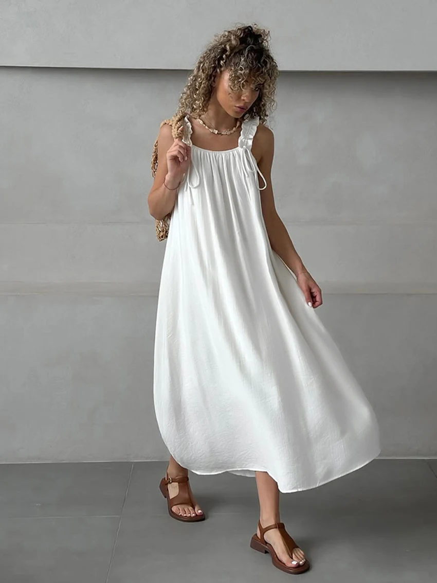 Marthaqiqi White Women Nightwear Sleeveless Pajamas Square Collar Nightgown Backless Nightie Ankle-Length Dress Ladies Sleepwear