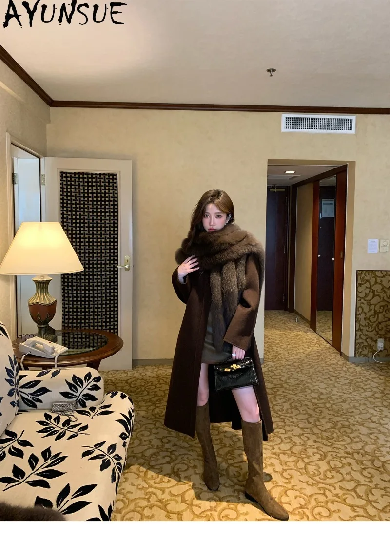 AYUSNUE Womens Double Face Cashmere Coat Fox Fur Scarf Wool Overcoat Female Warm Winter Clothes Long Length Fashion Luxury 2026