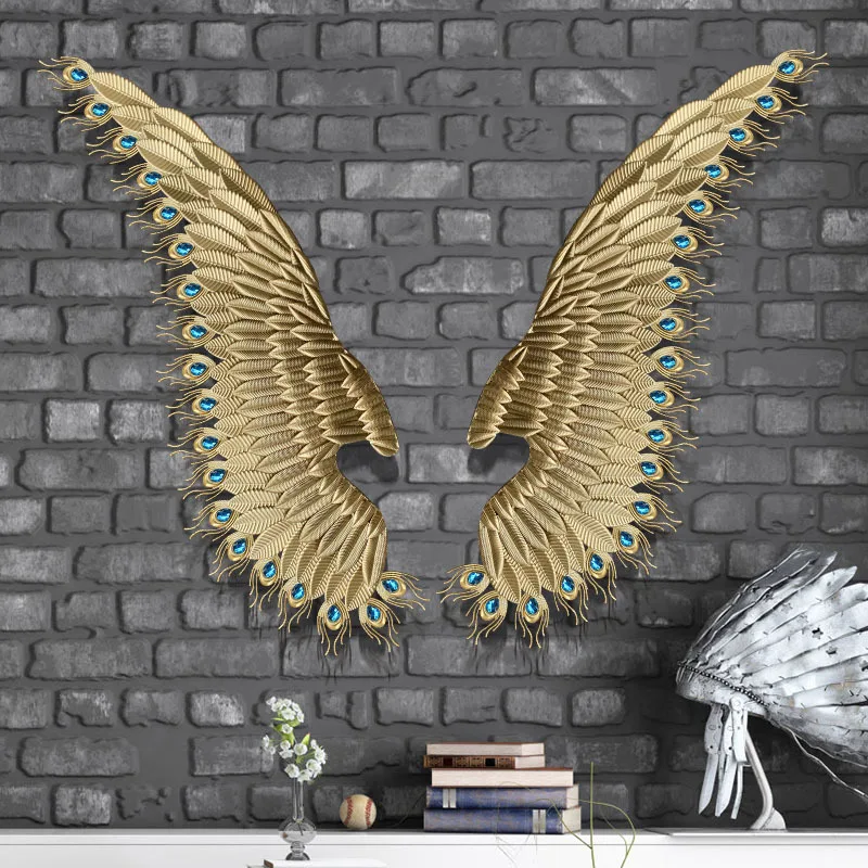 

125x42cm Angel Wings Wall Decor Bar Home Art Ornament 1 Pair Metal Feather Statue Industrial Wind Luxury TV Background Sculpture