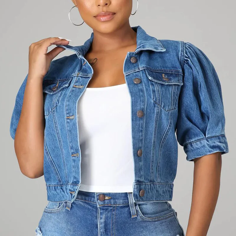 

Women New Denim Jacket Short-sleeved Bubble-sleeved Coat Single-breasted Short Round Neck Minimalist Leather Jacket Bomber
