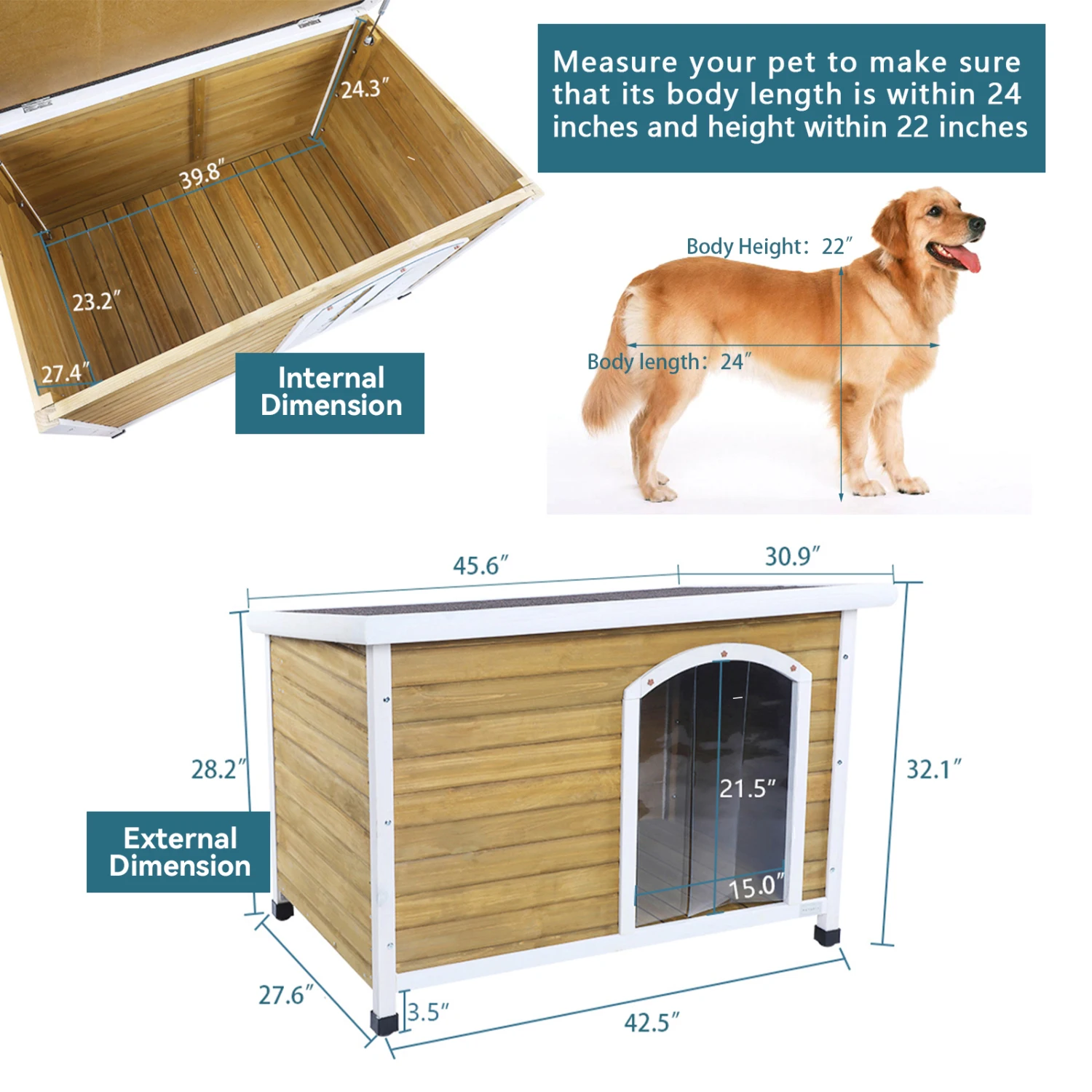 

Large Wooden Outdoor Dog House, Waterproof Roof, Elevated Floor, Adjustable Feet, Yellow
