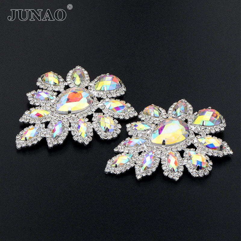 JUNAO 1Pc 45*59mm Sewing Purple AB Glass Rhinestones Flowers Gold Claw Strass Appliques Sew On Crystal Stones for Clothes Shoes