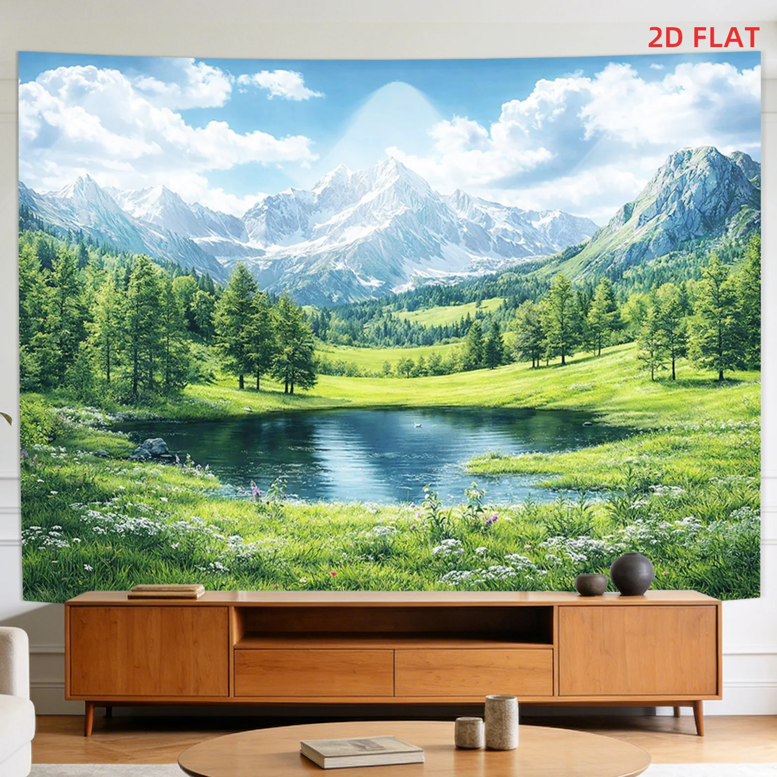 Alpine Lake Landscape Tapestry with Snowy Mountains, Pine Forest and Wildflowers 180x280cm Wall Decor