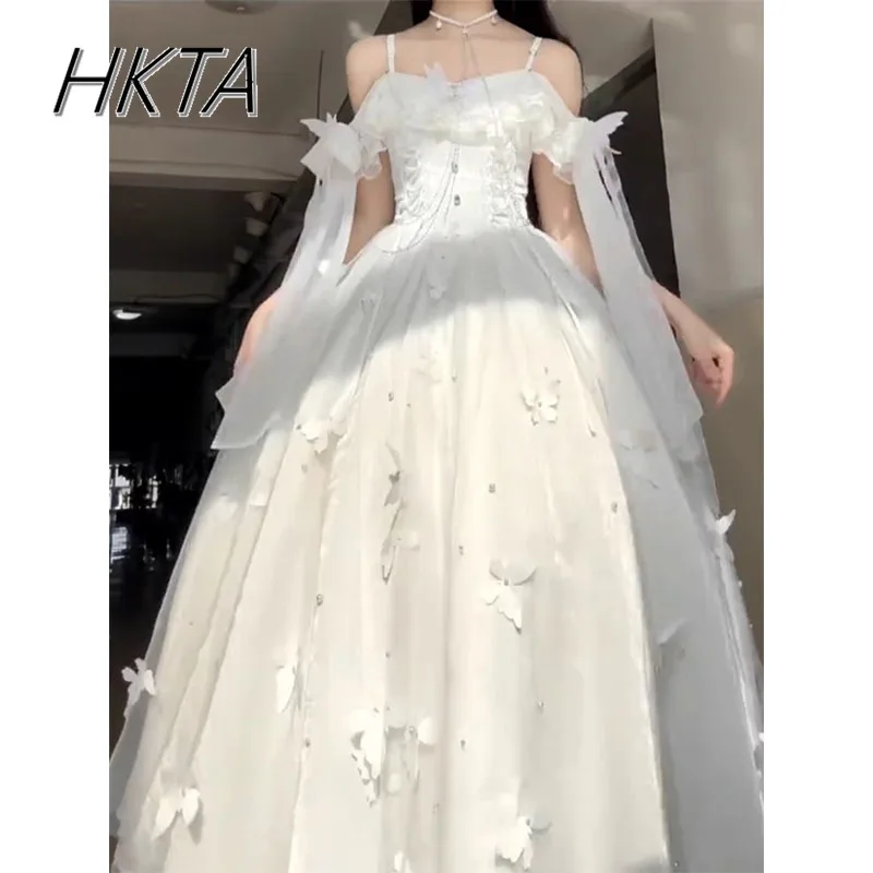 Biała Suknia Ślubna 2025 Letnia Bogini Długa Sukienka Ramiączka Odkryte Ramiona Koraliki Motyl Eleganckie Falbany Sukienka Księżniczki