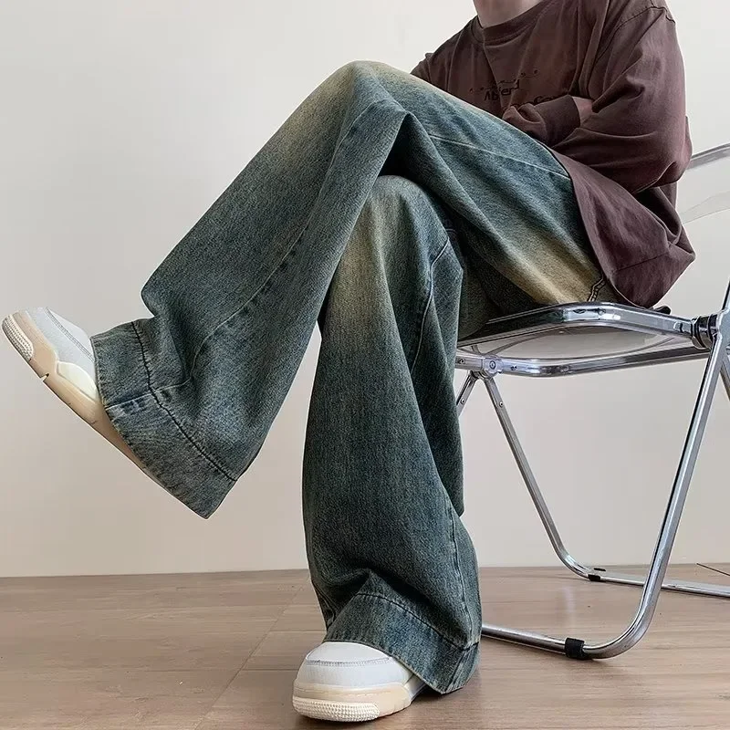 Men Denim Pants Blue Wide-legged Pants Vintage Baggy Trouser Streetwear Design Jeans Casual Solid Spring Autumn