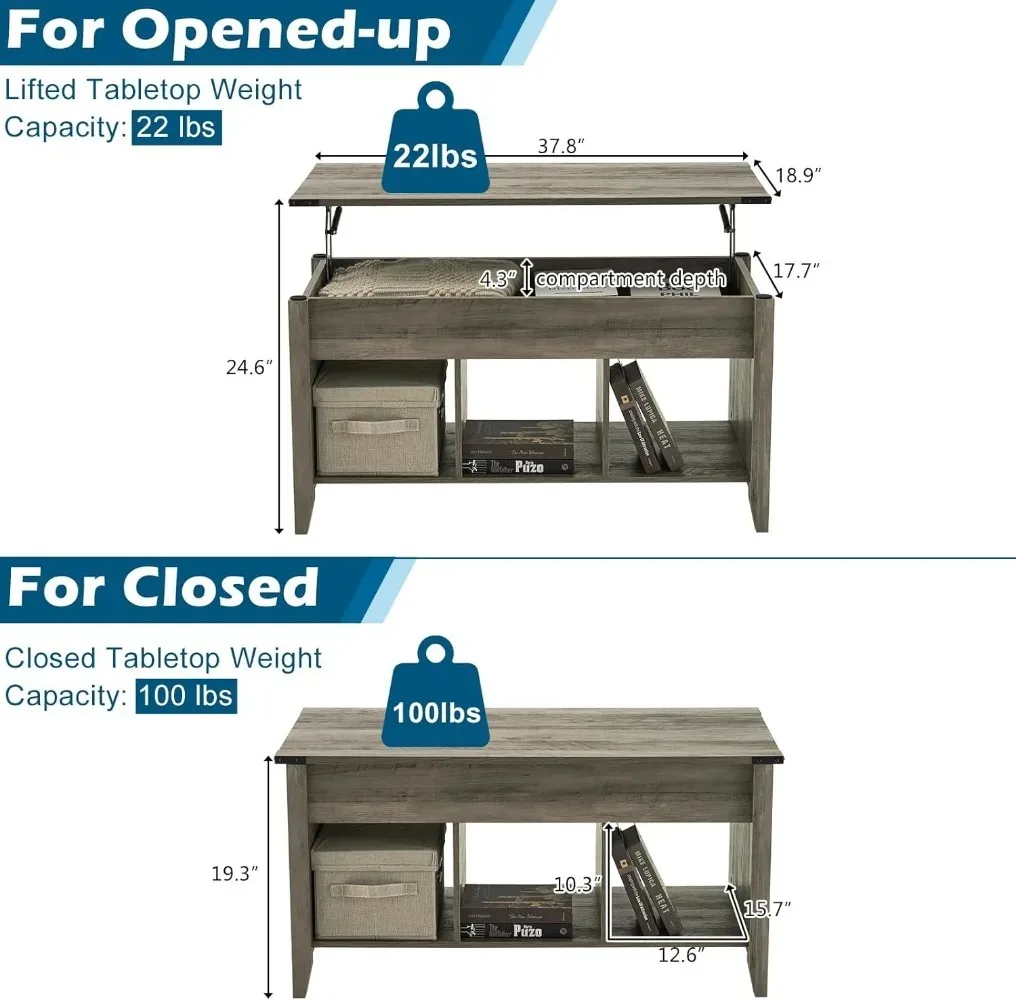 Farmhouse Lift Top Coffee Table, Rustic Grey Coffee Table with Lift Top, Lift Up Pop Up Coffee Table with Storage Shelf/Hidden