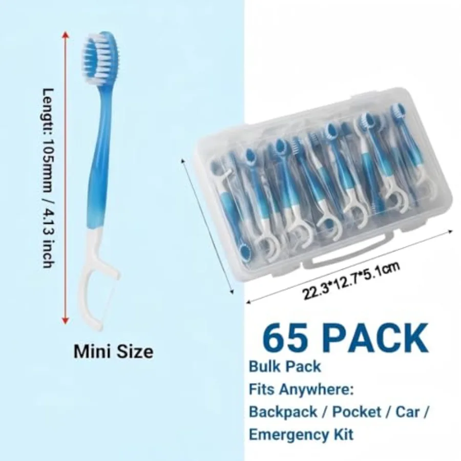 65 Pack Mini Disposable Toothbrushes 5-in-1 Prepasted Travel Toothbrush with Toothpaste, Floss and Pick for Hotel, Camping, Fli