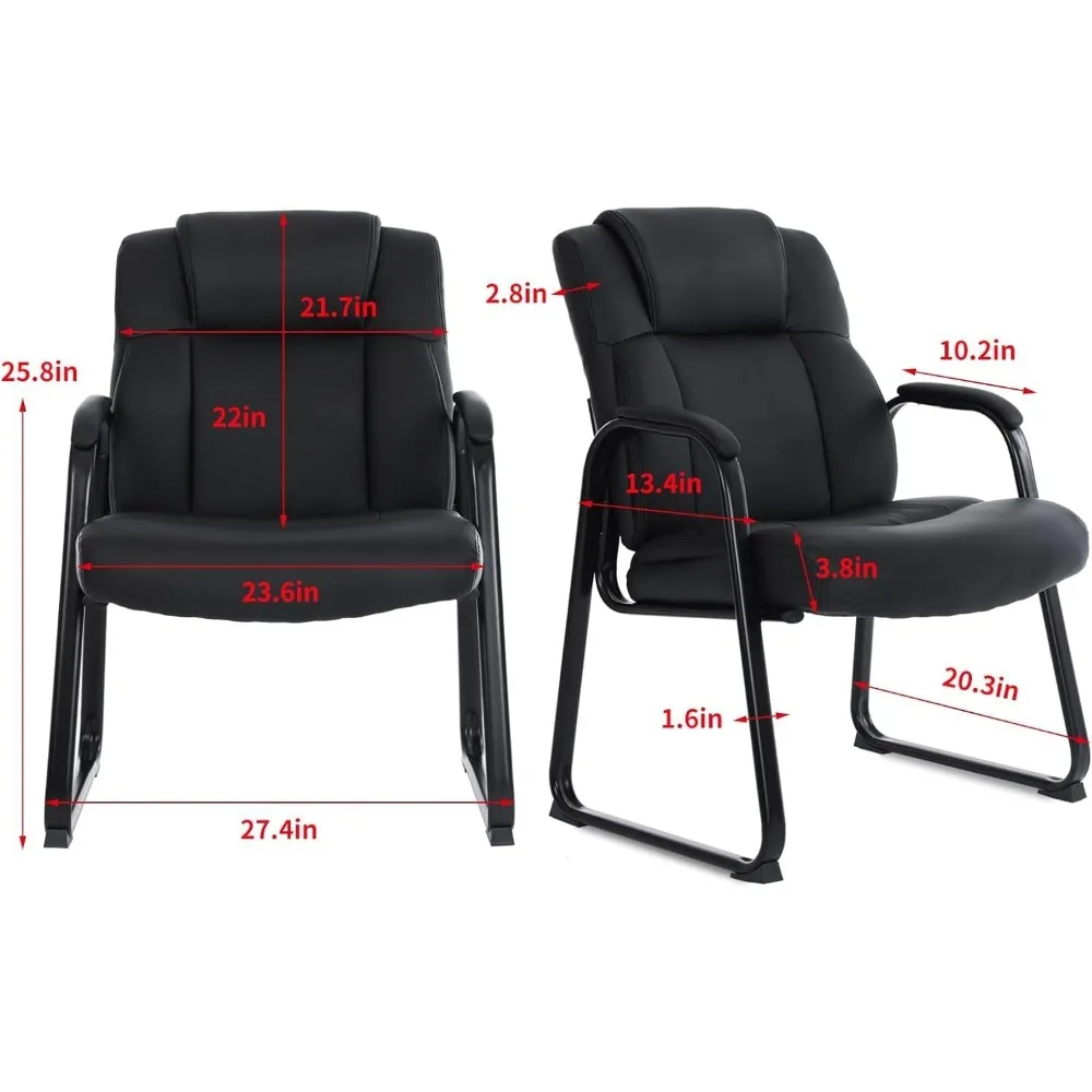 Silla de oficina grande y alta, sillón de recepción de cuero, reposabrazos acolchado unido, asiento ancho, Base de trineo, silla de escritorio sin ruedas, 4, negro, 400 libras