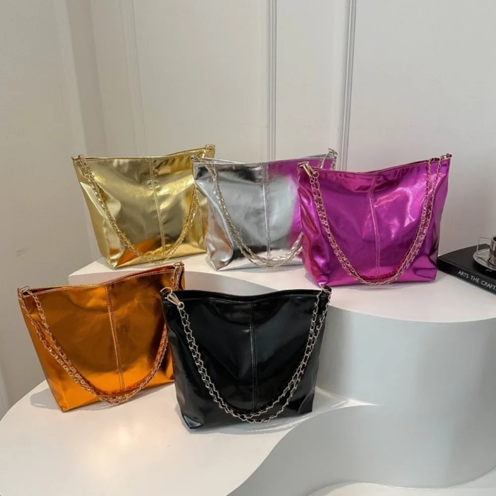 

Casual Shiny PU Leather Tote Bag Large Capacity Solid Color Chain Shoulder Bag Shopping Bag Purse Women Handbag Party
