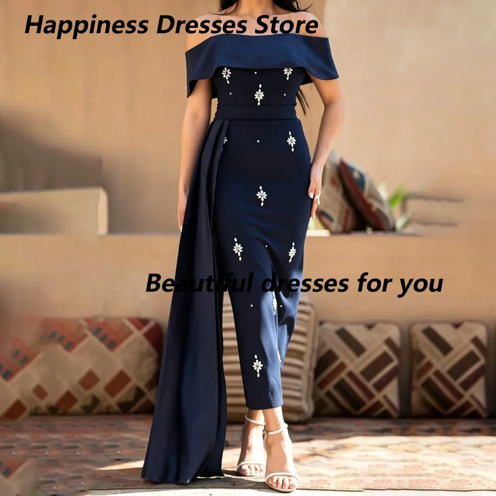 Customized Navy Blue Mermaid Mother Of The Bride Dresses Off Shoulder Crystal Floral Appliques Sash Train Wedding Guest Gown