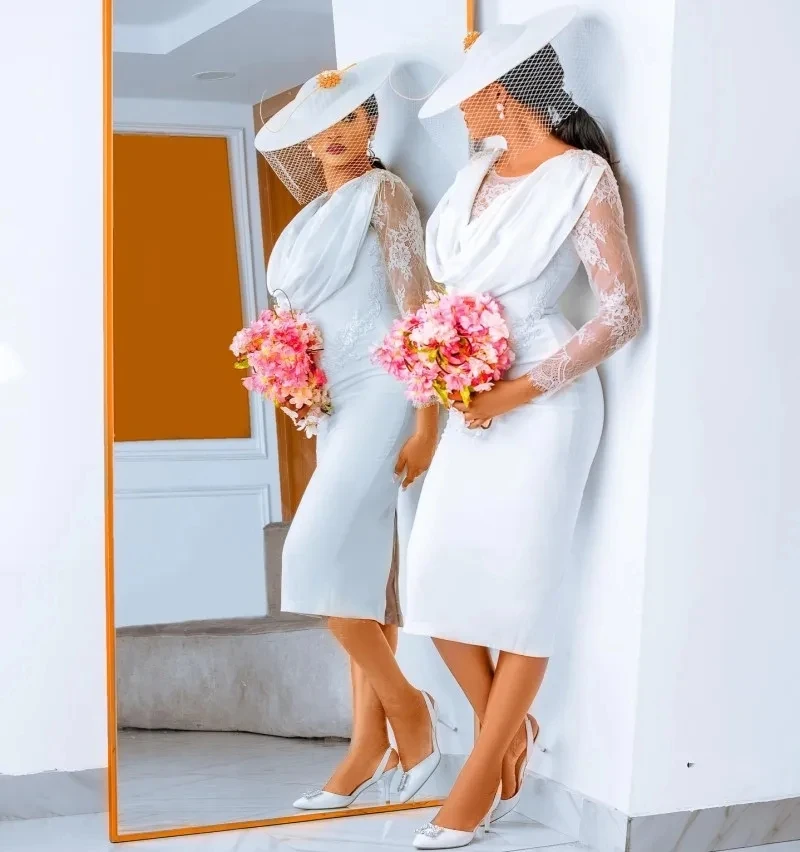 

Modern Sheath Short Wedding Dress Scoop Long Sleeves Lace Satin Bride Bridal Party Gowns Abito Da Sposa Boho Vestidos De Noiva
