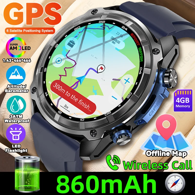 LIGE New Built-in GPS Smart Watch Offline Map 860mAh Men Compass Altimeter 3ATM AMOLED BT Call Sports Watches 4GB MP3 MP4 Player