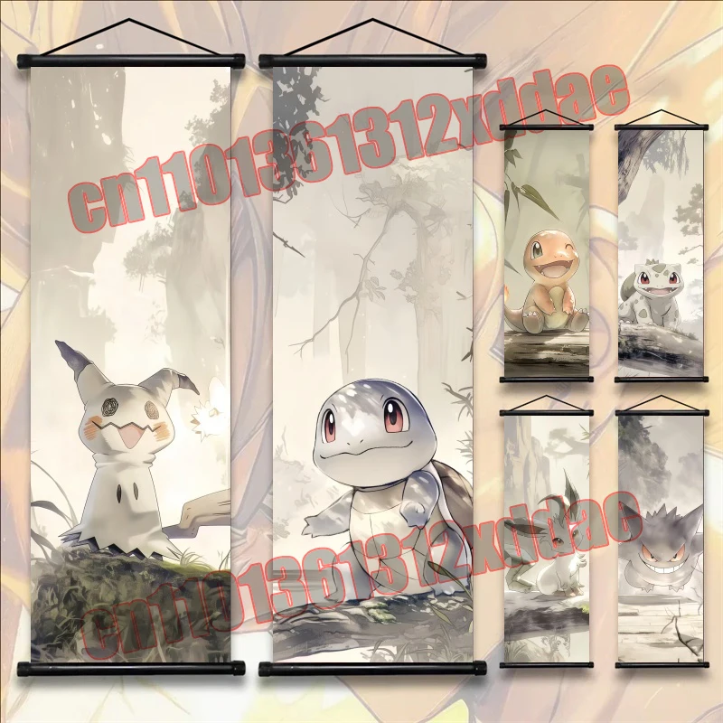 애니메이션 포켓몬 레트로 포스터, Gengar, Eevee, Charmander, Bulbasaur, Pikachu, 인쇄 아트 흰색 캔버스 장식 스크롤 드로잉
