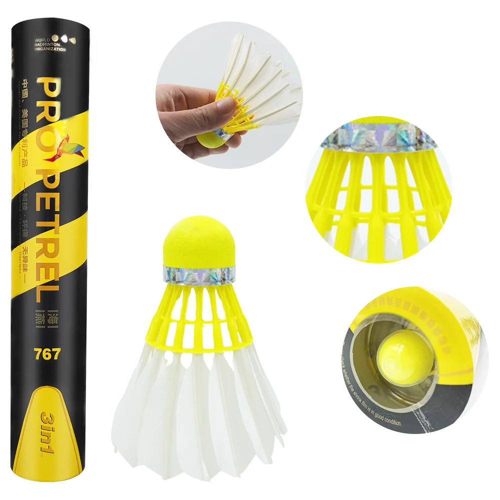 12PCS  Pro Petrel 767 3in1 12Pcs Training Goose Feather Shuttlecocks Birdies Yellow Cork Badminton Indoor Outdoor Sports Game