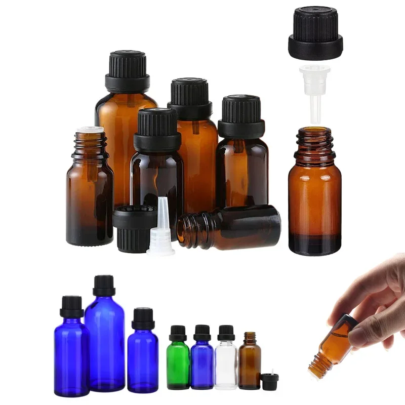 앰버 유리 에센셜 오일 드롭 병, 오리피스 감속기 팁 샘플 바이알, 휴대용 아로마 테라피 용기, 12 개, 5ml-100ml